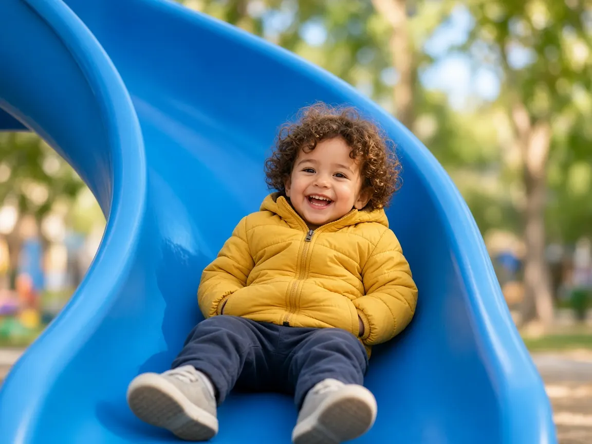 Jeune enfant en manteau jaune, assis au bas d’un toboggan bleu.