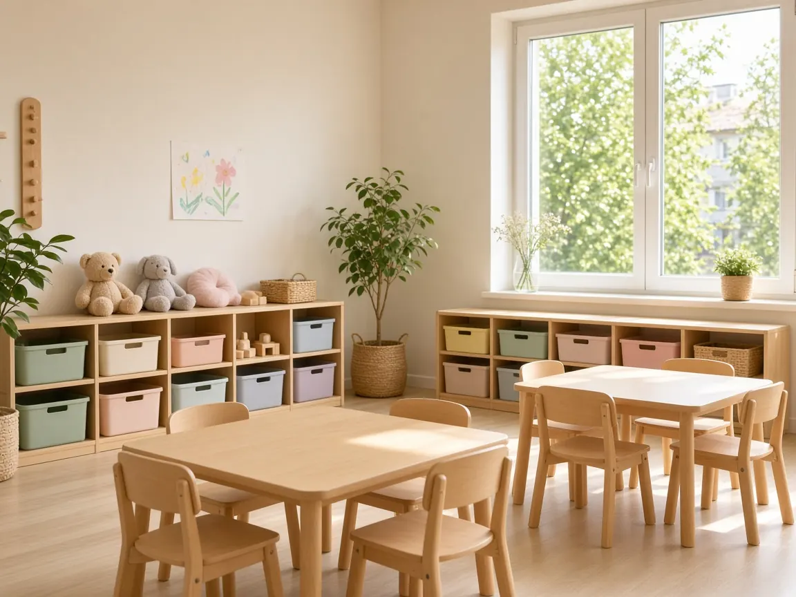 Salle de crèche lumineuse, avec petites tables, chaises et bacs de rangement.