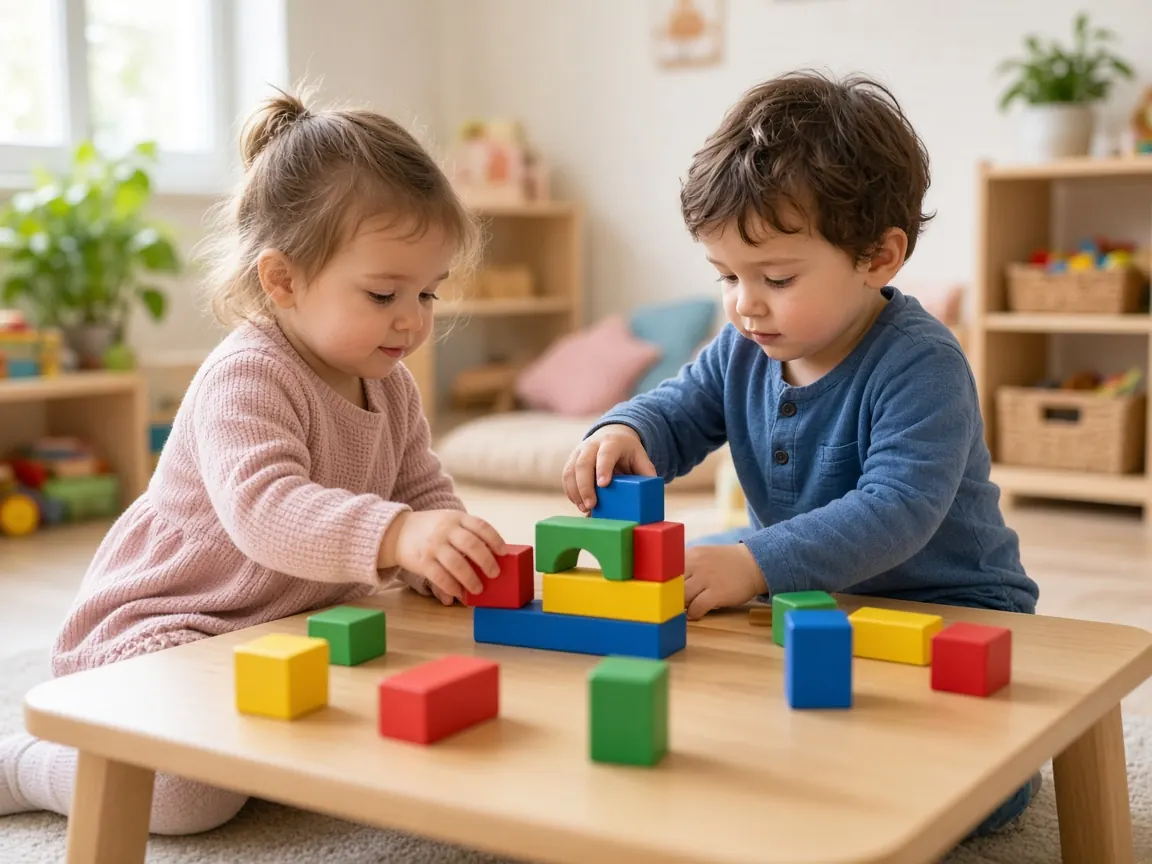 Deux jeunes enfants construisent une tour avec des cubes de bois colorés.