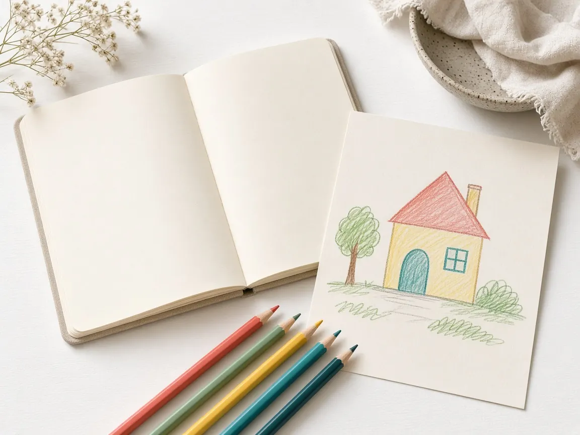Carnet ouvert, crayons de couleur et dessin d’une maison.