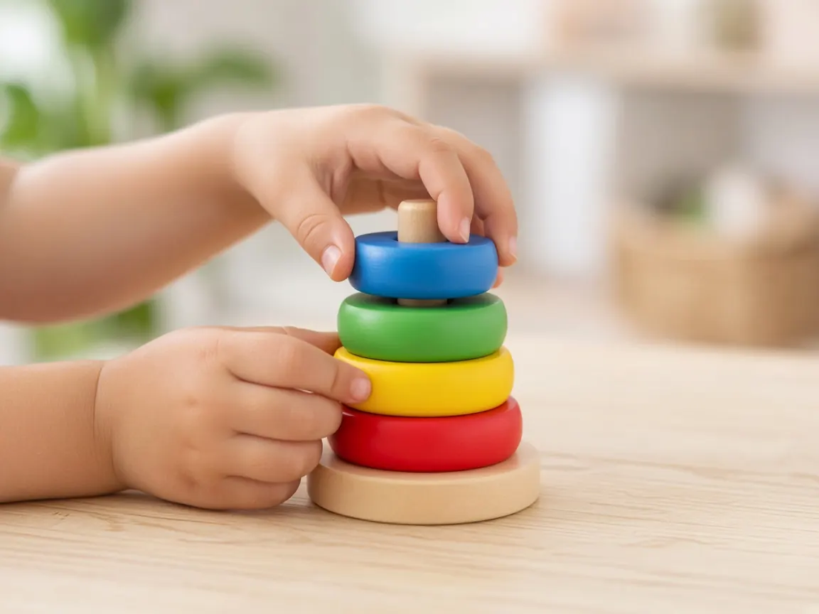 Mains d’enfant qui empilent les anneaux d’une pyramide en bois.