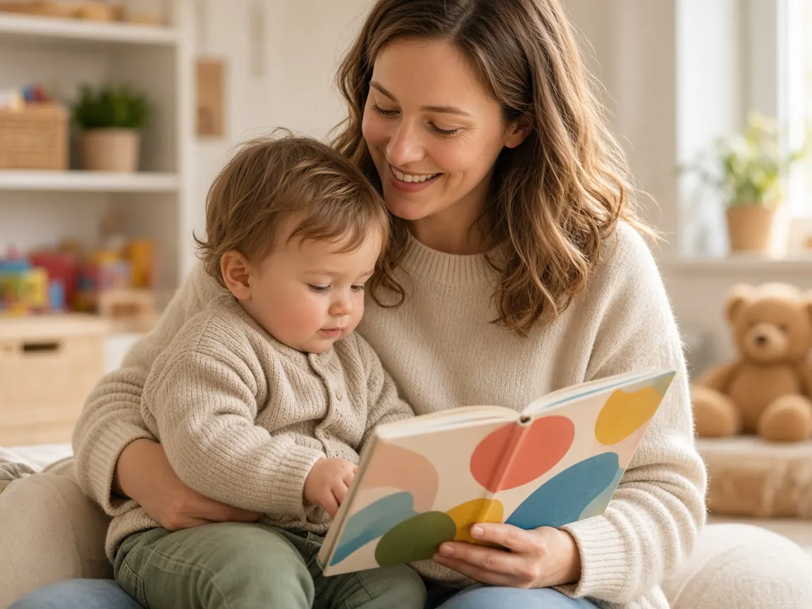 Une adulte lit un imagier avec un tout-petit sur ses genoux.