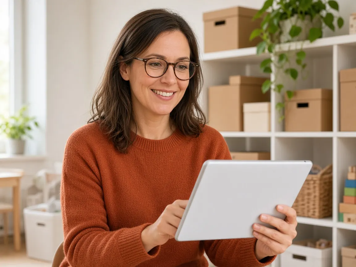 Professionnelle de la petite enfance consultant une tablette dans un bureau clair.